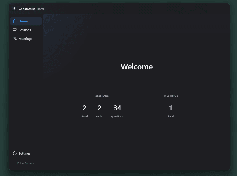 GhostAssist home screen showing the main assistant interface with stealth overlay controls