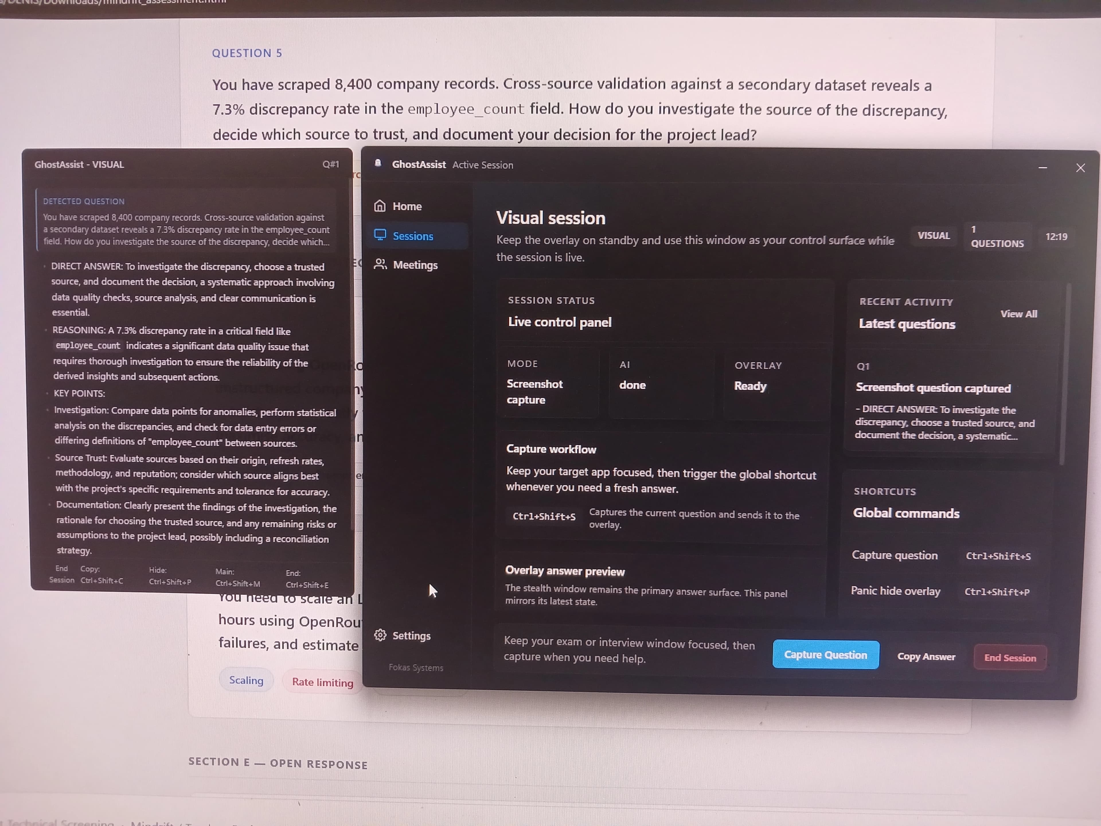 GhostAssist live session view showing stealth answer overlay alongside an interview question, photographed off-screen