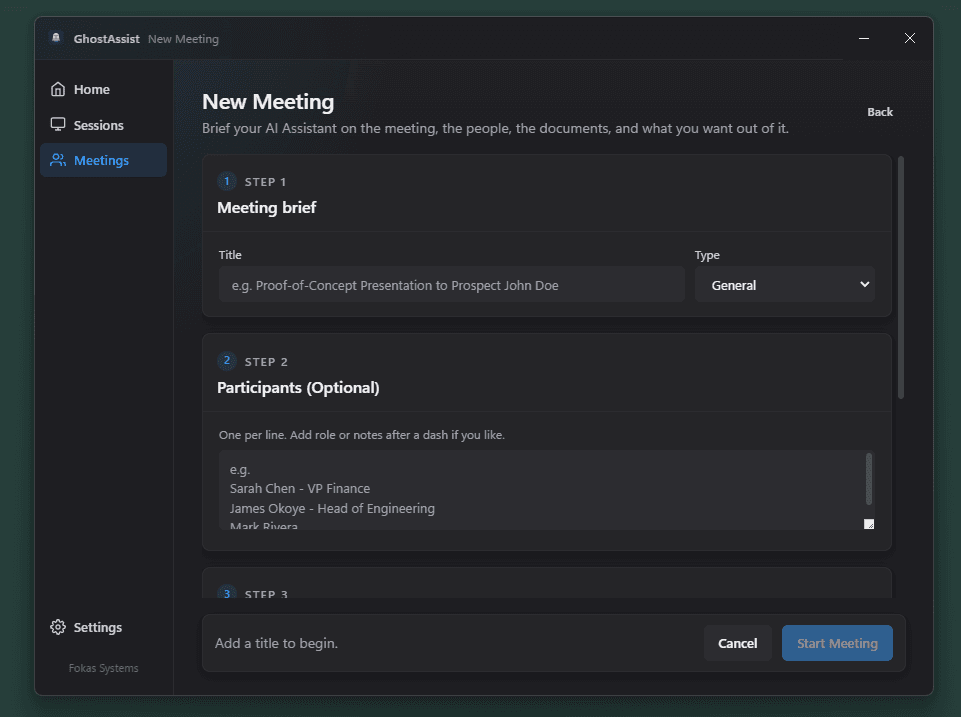 GhostAssist meeting setup page showing pre-call brief configuration and goal tracking fields