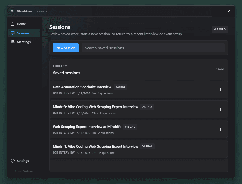 GhostAssist session page showing dual-mode audio capture controls and visual input toggle